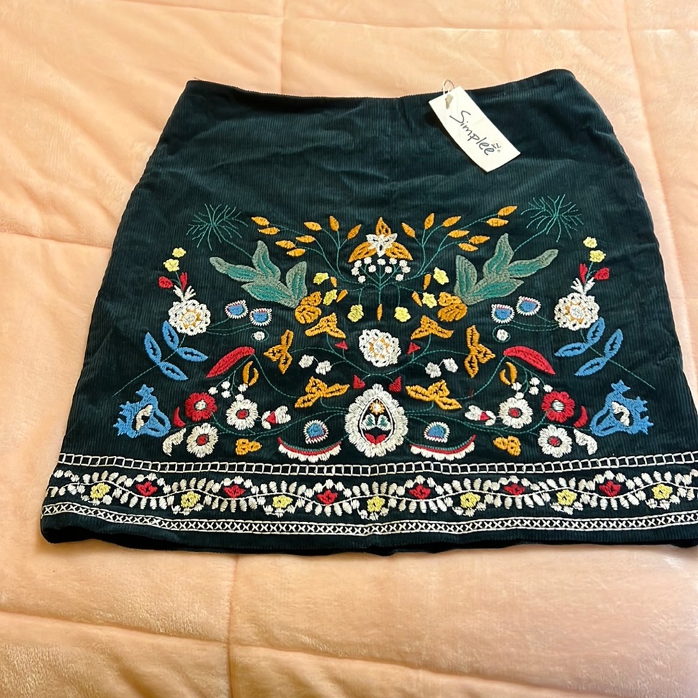 Green Embroidered Mini Skirt